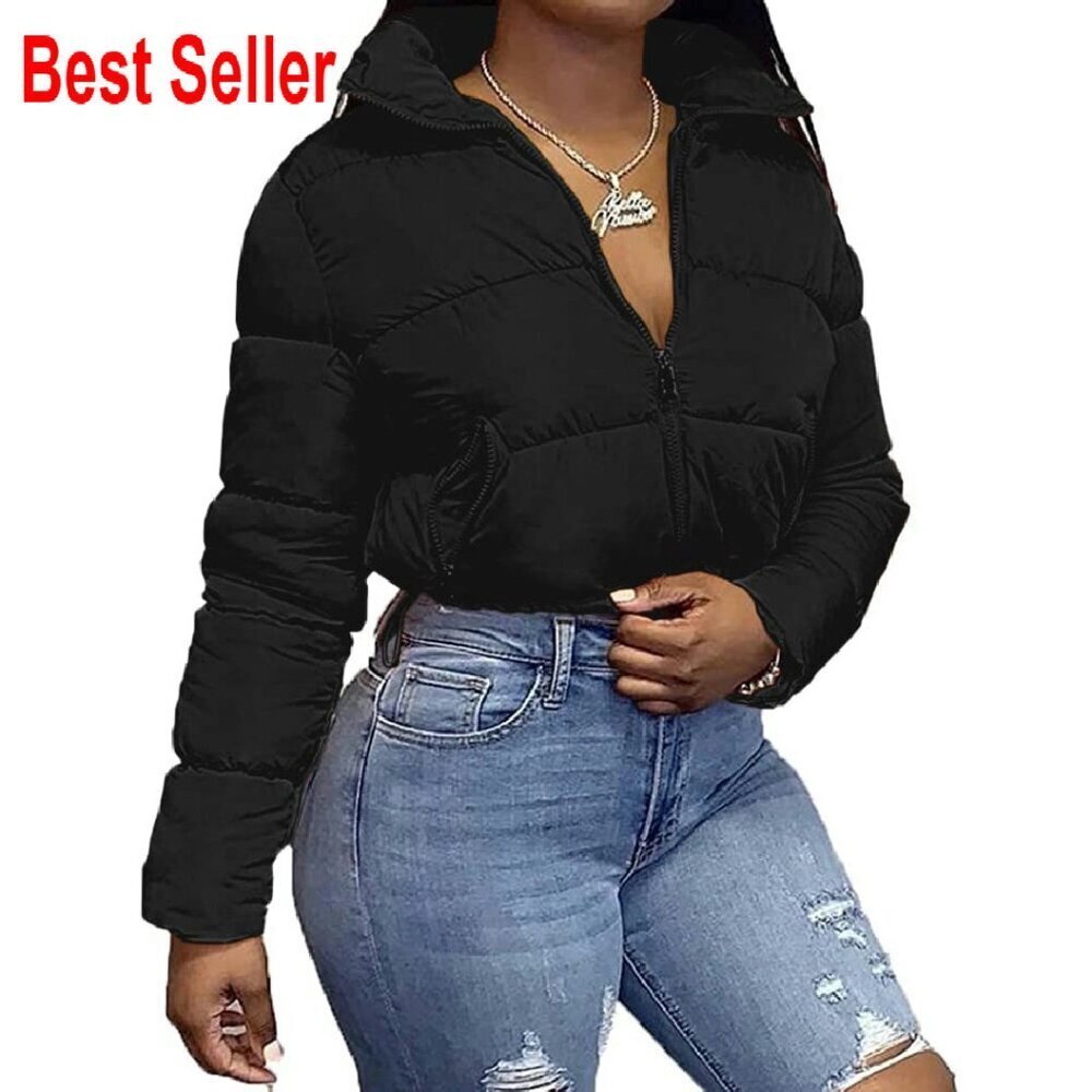 Cropped Quilted Puffer Jacket Lightweight Stand Collar Drawstring Winter Coat